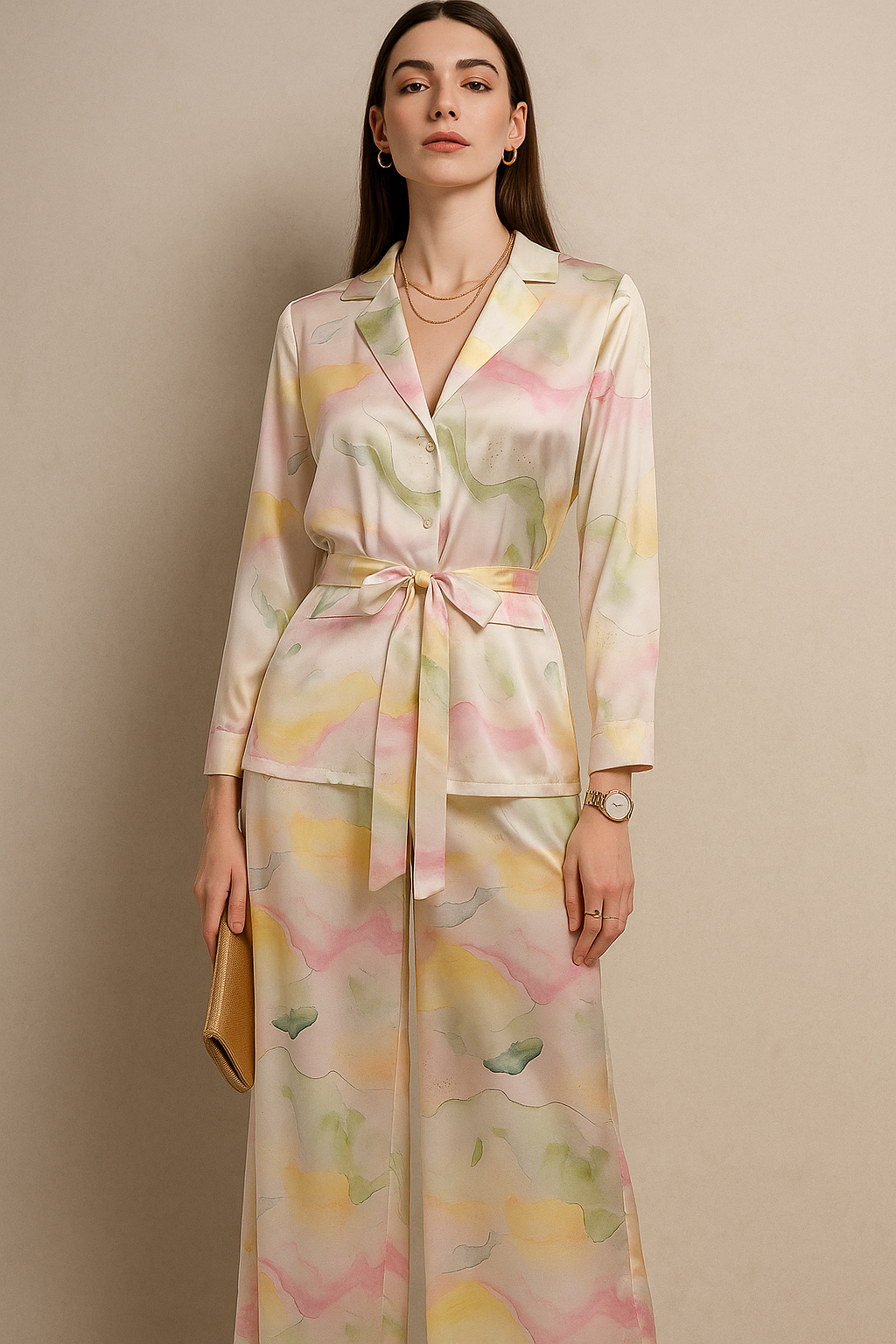 Pastel Watercolor Satin Co-ord Set with Belted Shirt and Wide-Leg Pants