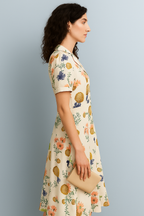 Short-Sleeve Midi Dress with Multicolor Floral Print
