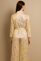 Pastel Watercolor Satin Co-ord Set with Belted Shirt and Wide-Leg Pants
