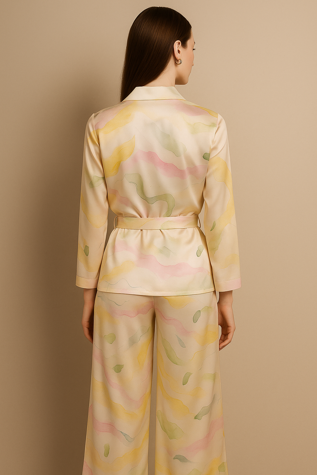 Pastel Watercolor Satin Co-ord Set with Belted Shirt and Wide-Leg Pants