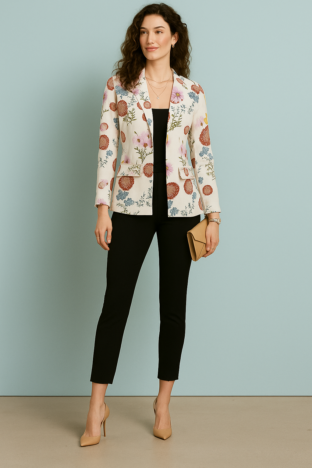 White Tailored Blazer with Multicolor Floral Print