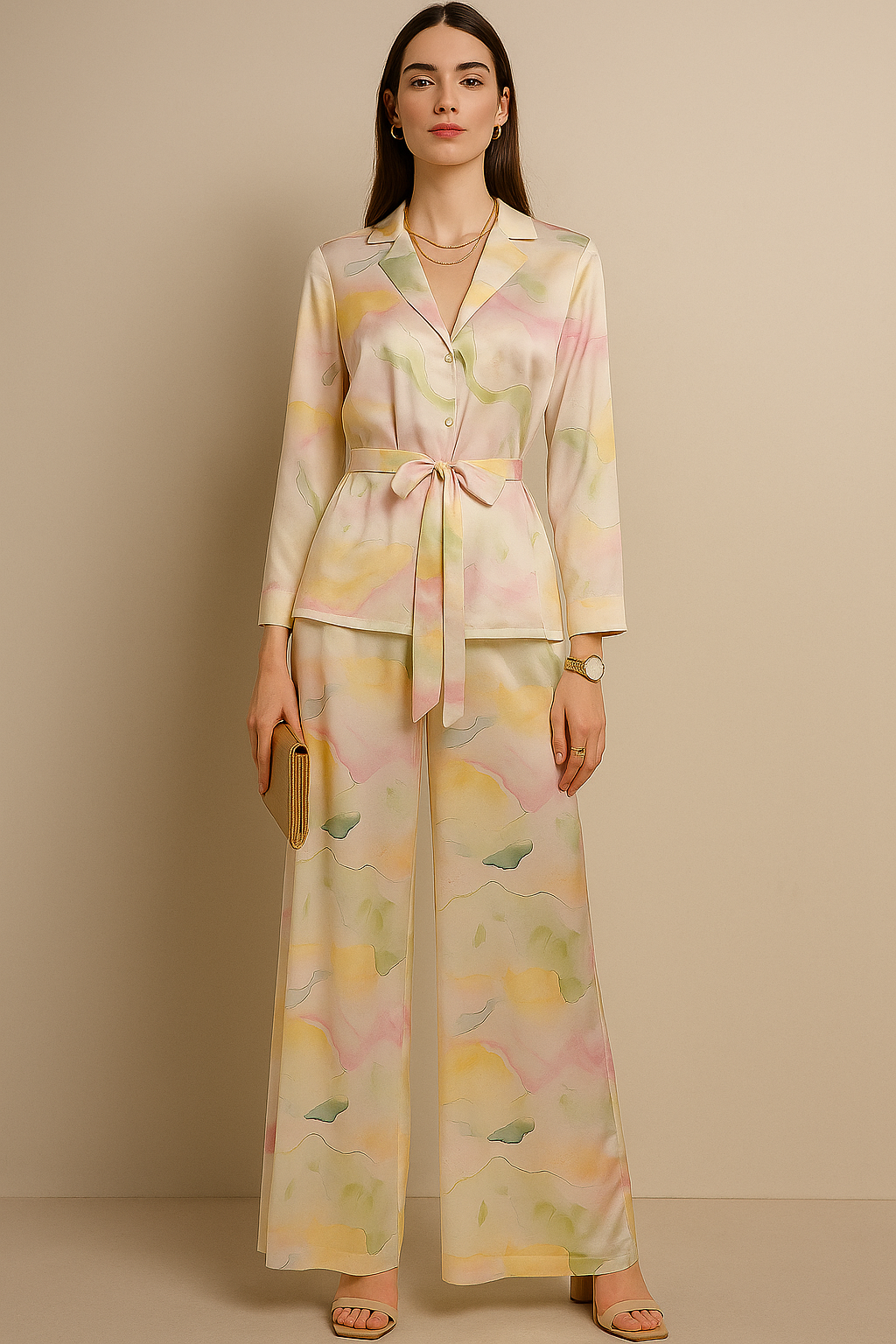 Pastel Watercolor Satin Co-ord Set with Belted Shirt and Wide-Leg Pants