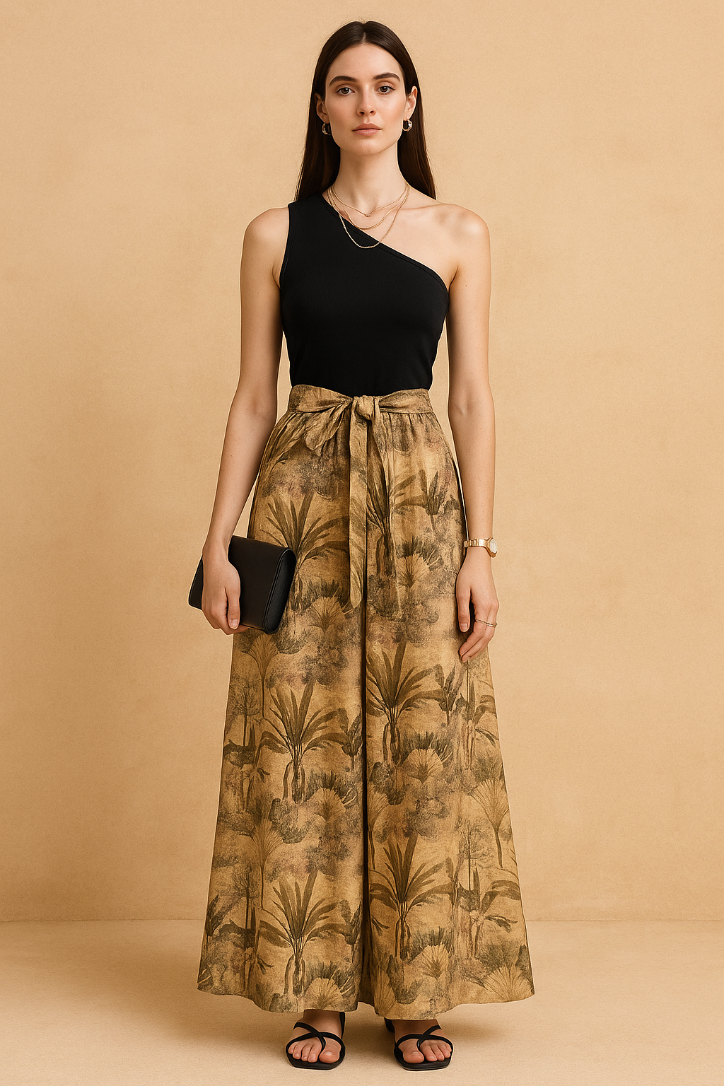 One-Shoulder Bodysuit with Tropical Print Wide-Leg Palazzo