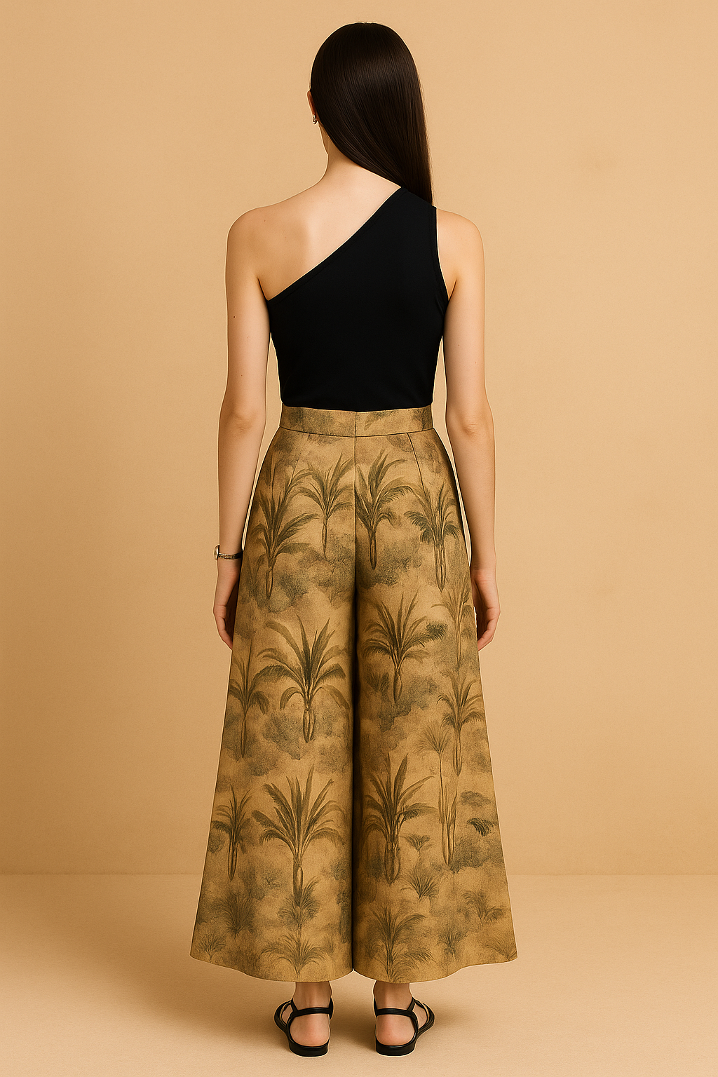 One-Shoulder Bodysuit with Tropical Print Wide-Leg Palazzo