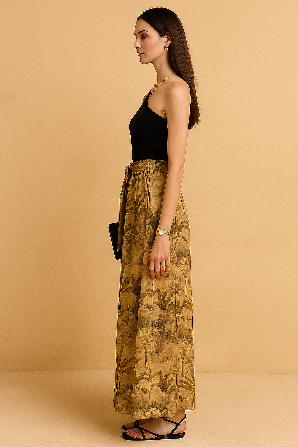 One-Shoulder Bodysuit with Tropical Print Wide-Leg Palazzo