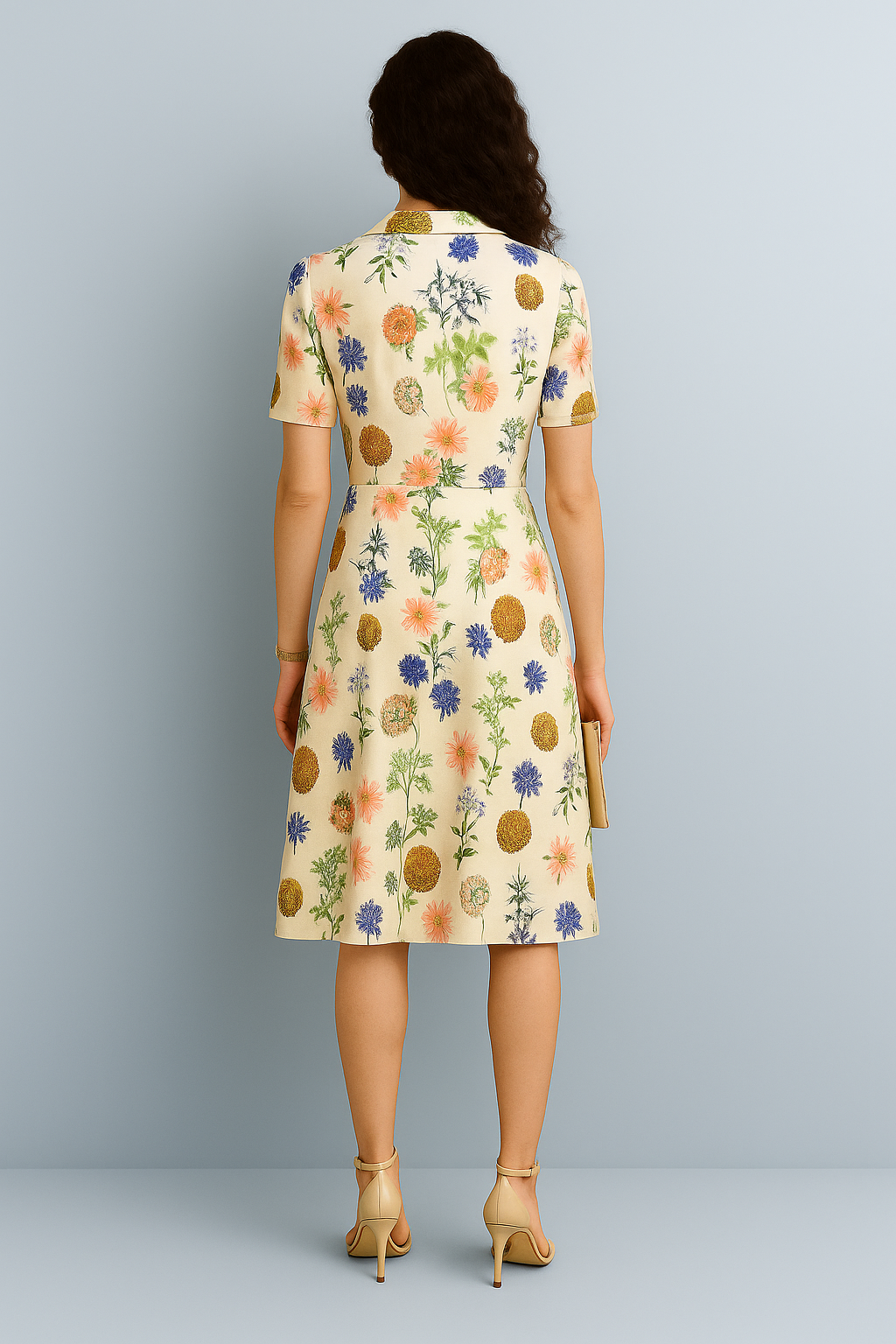 Short-Sleeve Midi Dress with Multicolor Floral Print