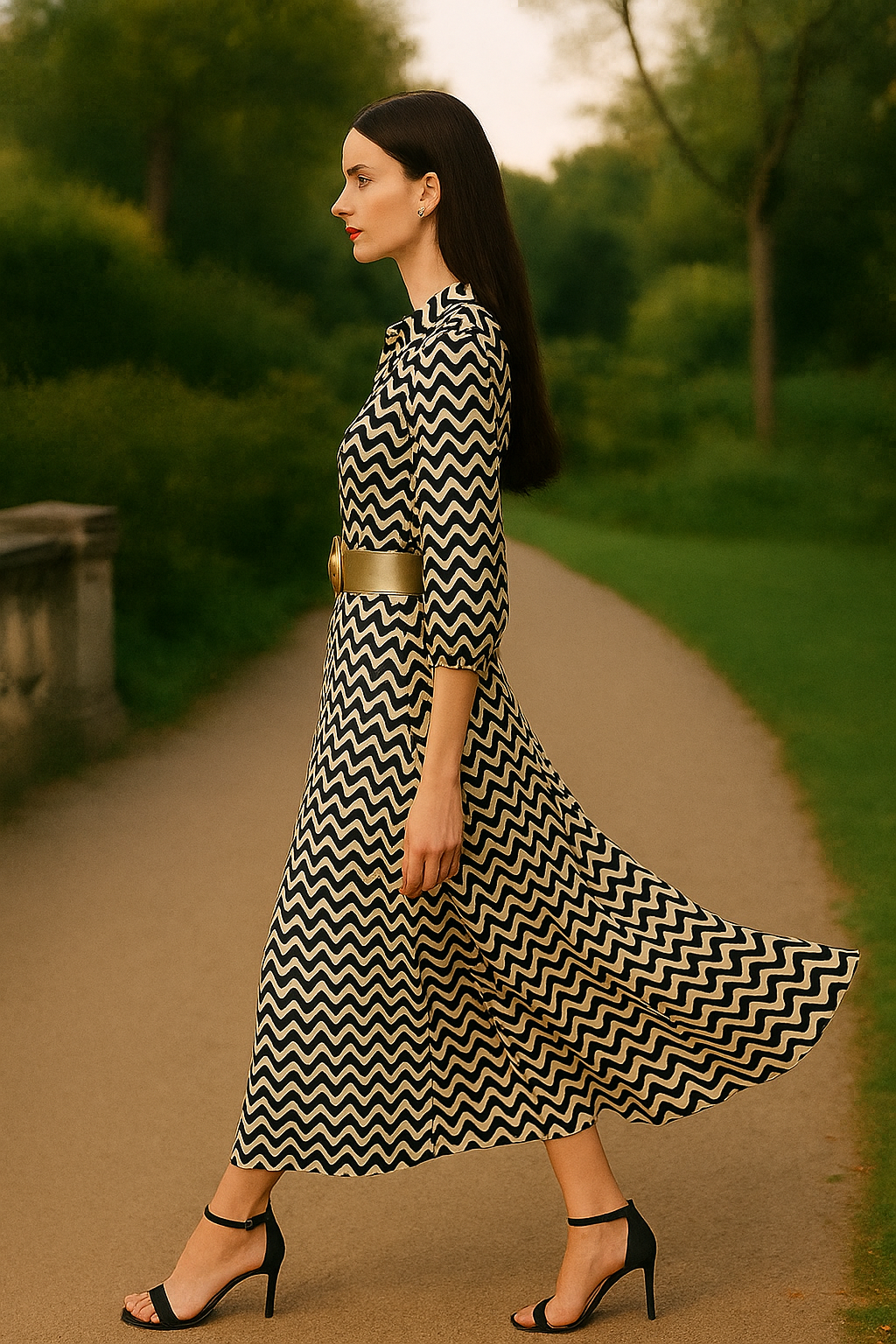 Monochrome Wave Print Shirt Maxi Dress