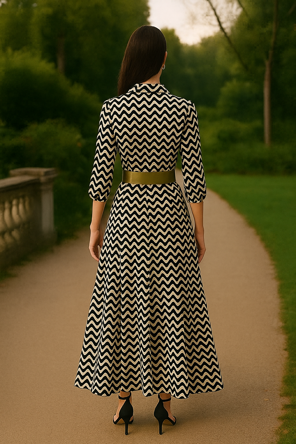 Monochrome Wave Print Shirt Maxi Dress