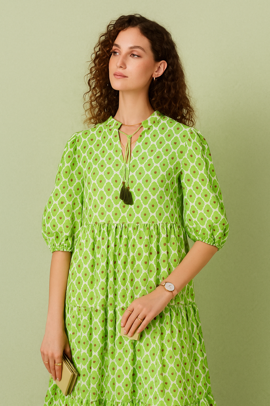 Green Geometric Print Tiered Midi Dress with Tassel Tie Neck
