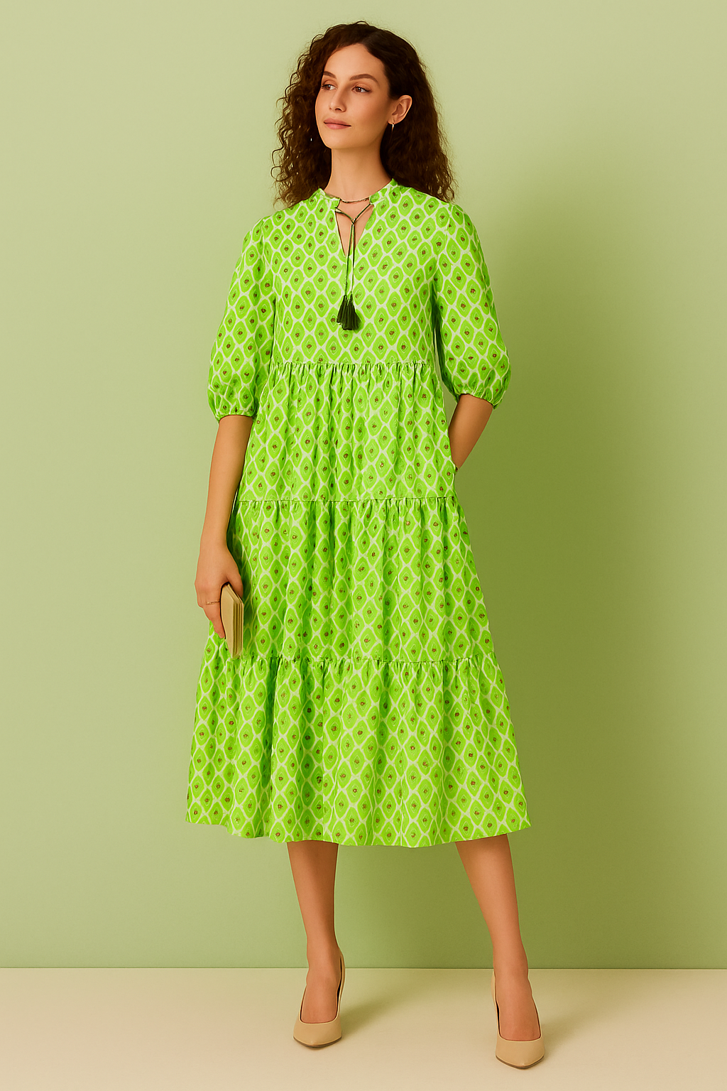 Green Geometric Print Tiered Midi Dress with Tassel Tie Neck