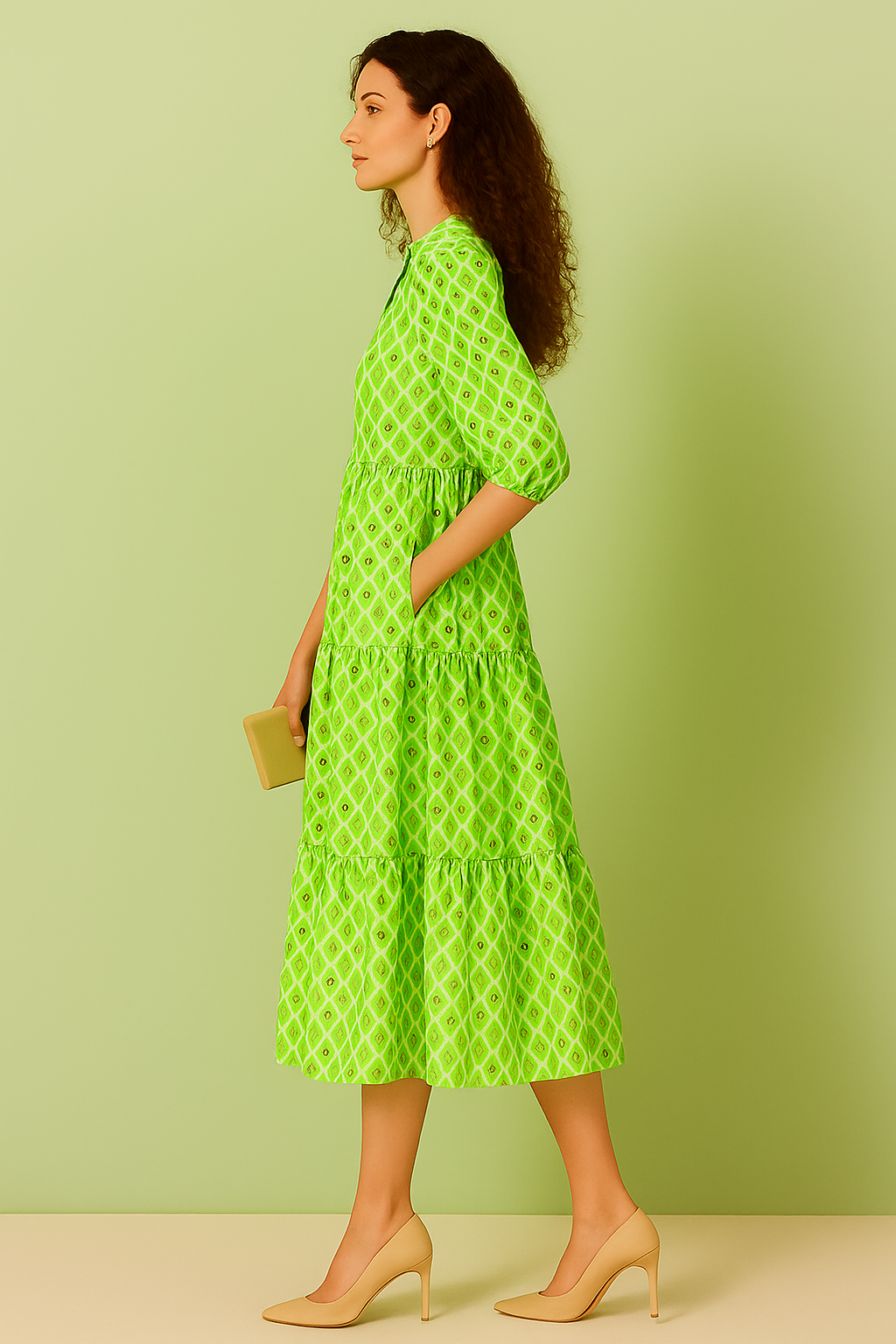 Green Geometric Print Tiered Midi Dress with Tassel Tie Neck