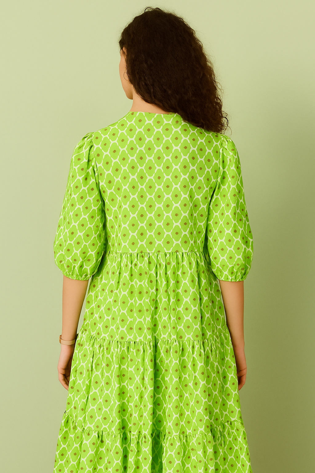 Green Geometric Print Tiered Midi Dress with Tassel Tie Neck