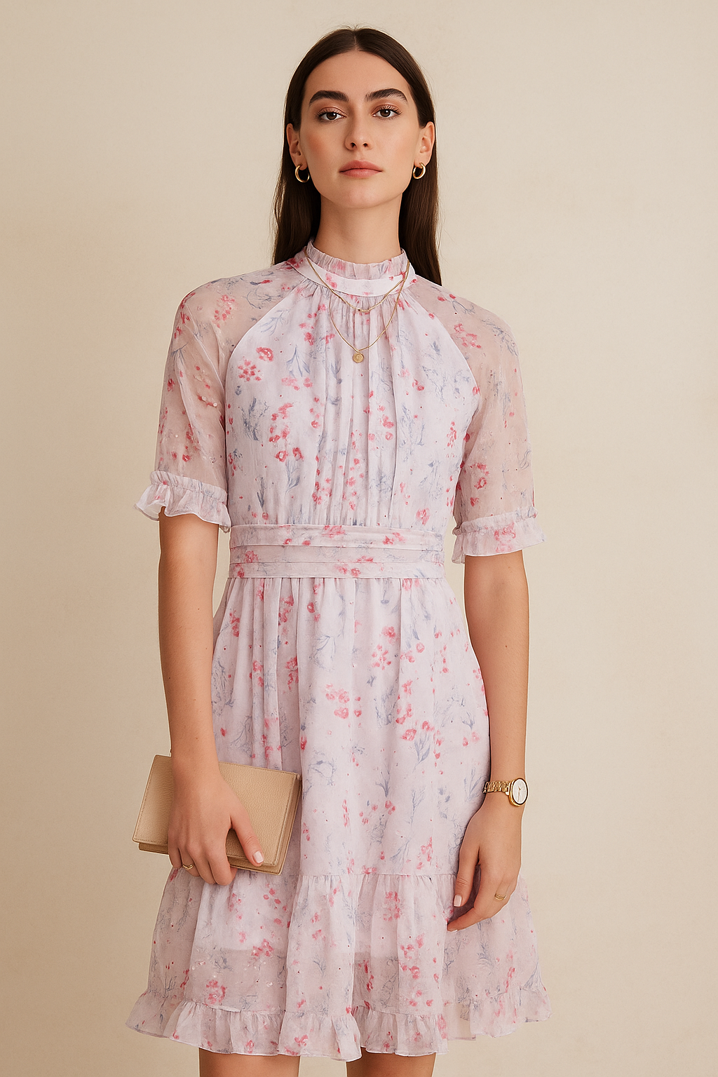 Floral Tiered Ruffle Midi Dress with Sheer Sleeves