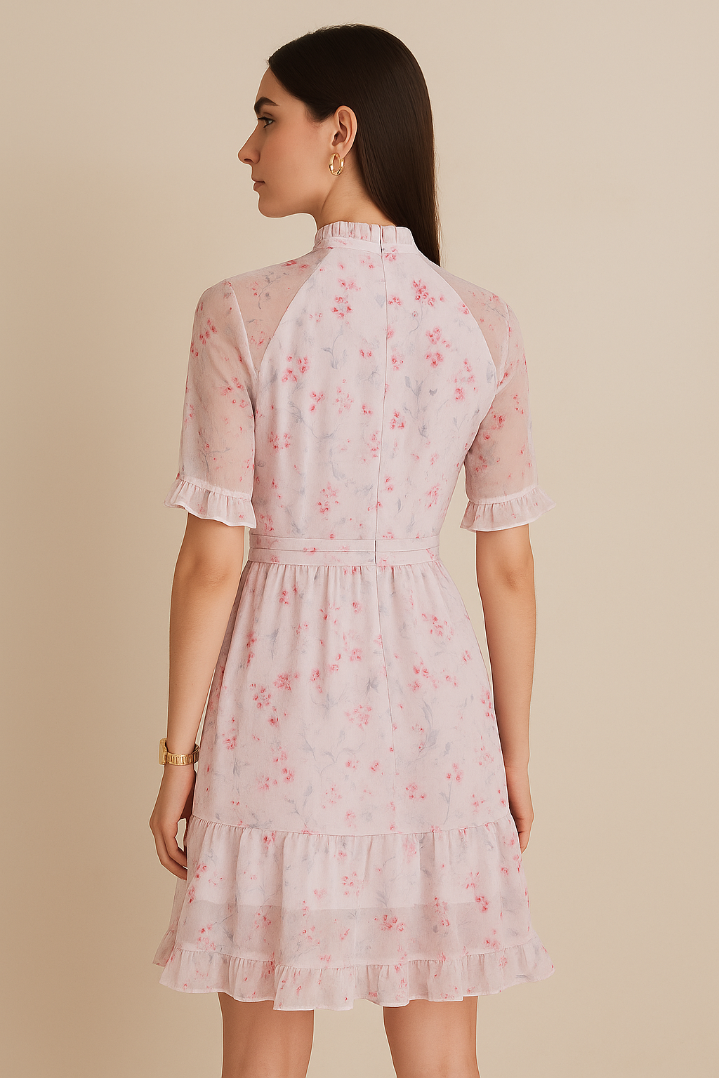 Floral Tiered Ruffle Midi Dress with Sheer Sleeves