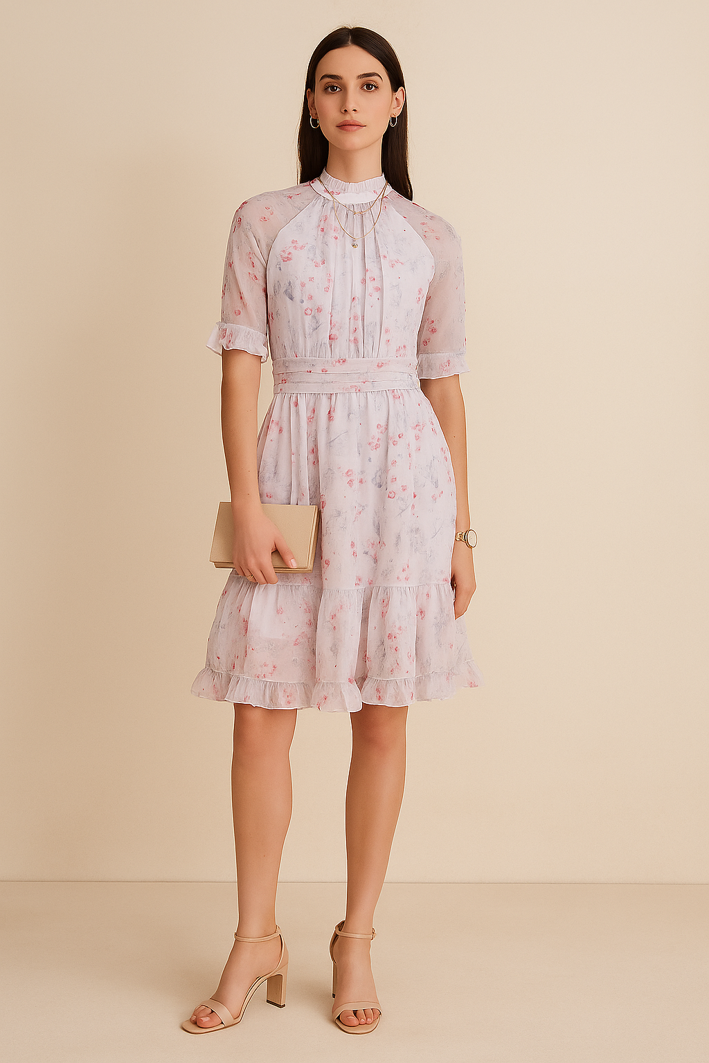 Floral Tiered Ruffle Midi Dress with Sheer Sleeves