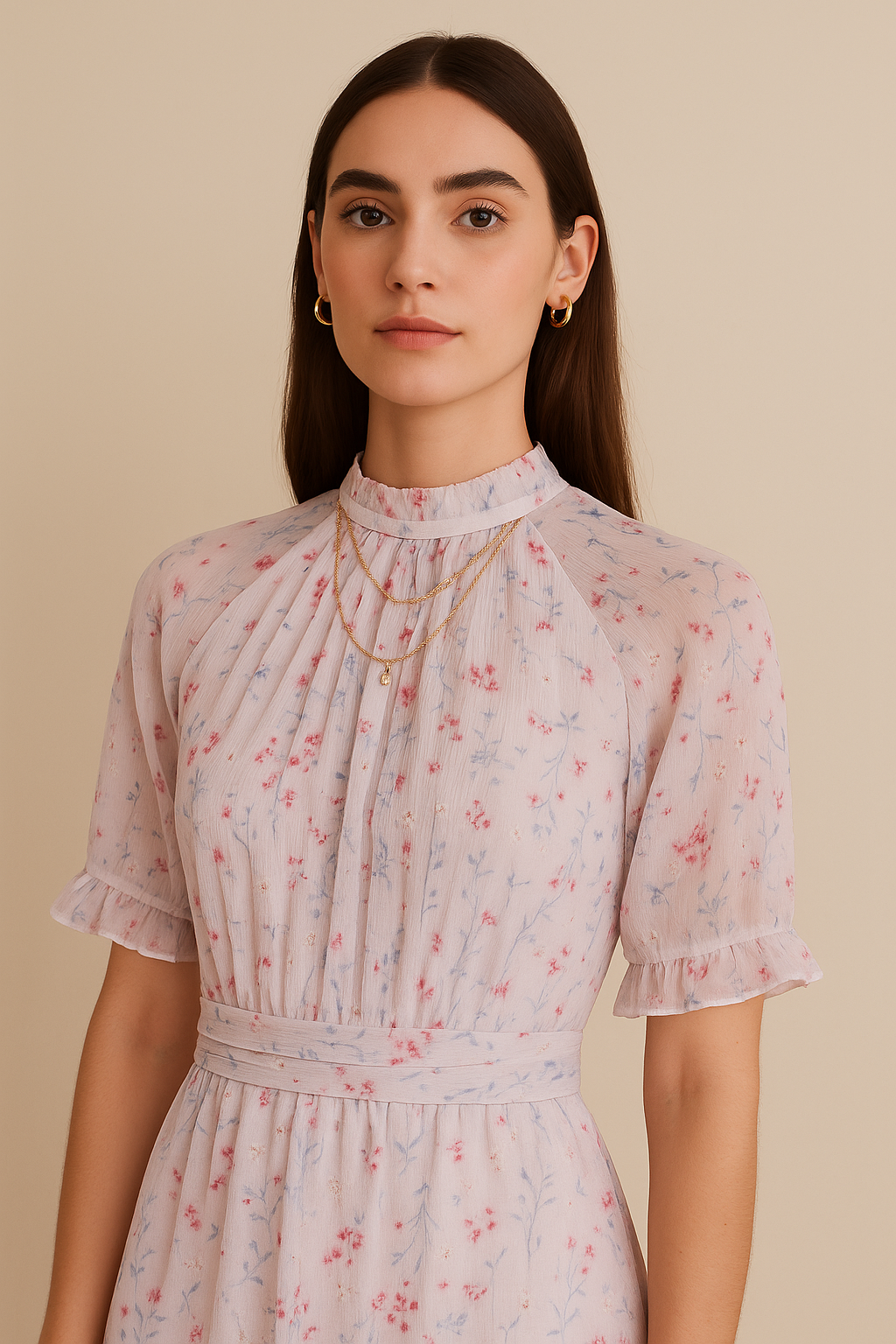 Floral Tiered Ruffle Midi Dress with Sheer Sleeves