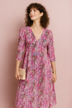 Pink Eyelet Maxi Dress with V-Neck and Flared Sleeves
