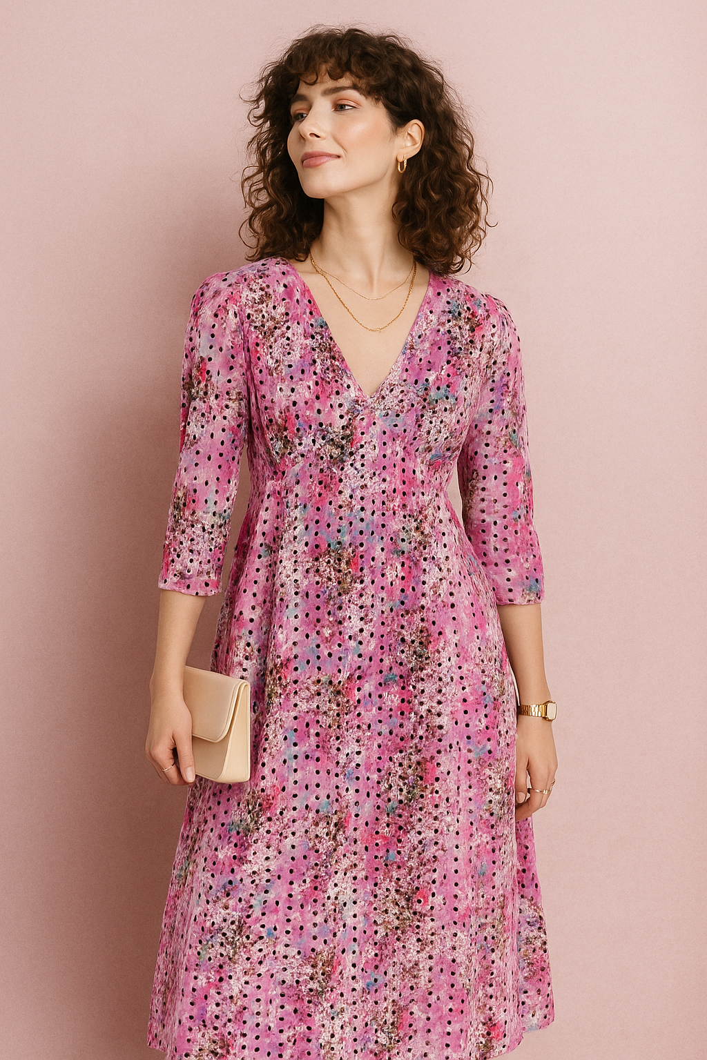 Pink Eyelet Maxi Dress with V-Neck and Flared Sleeves