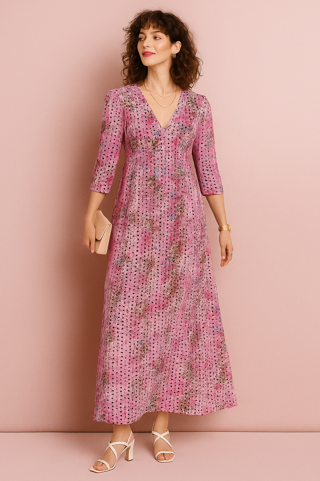 Pink Eyelet Maxi Dress with V-Neck and Flared Sleeves
