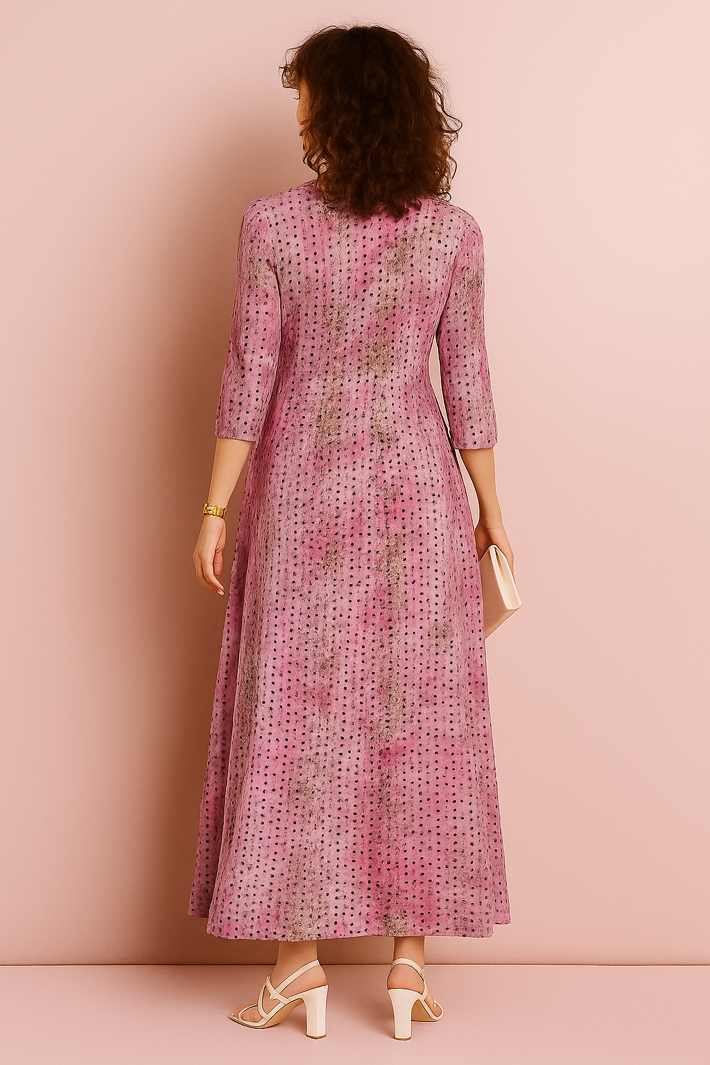 Pink Eyelet Maxi Dress with V-Neck and Flared Sleeves