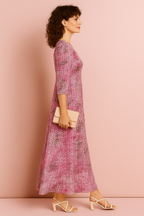 Pink Eyelet Maxi Dress with V-Neck and Flared Sleeves