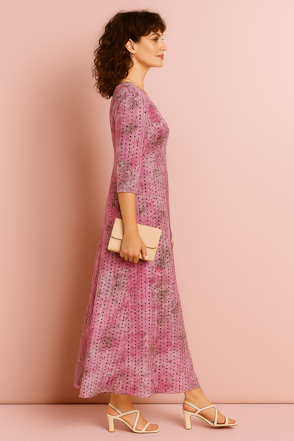 Pink Eyelet Maxi Dress with V-Neck and Flared Sleeves