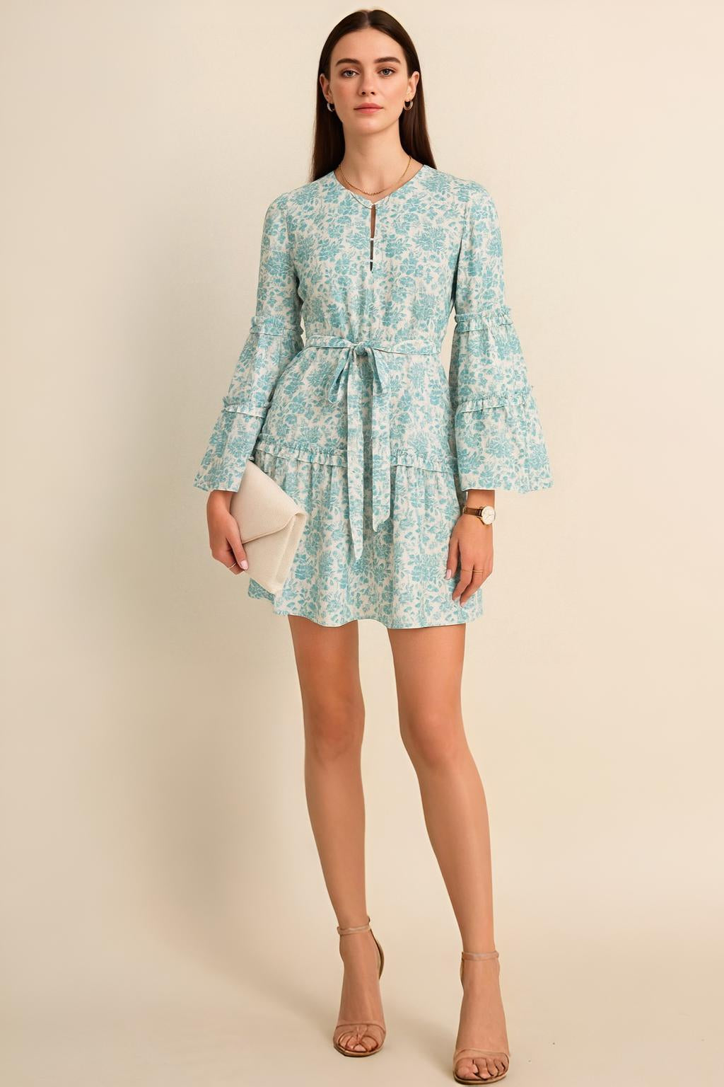 Bohemian Bell Sleeve Mini Dress with Tie-Waist