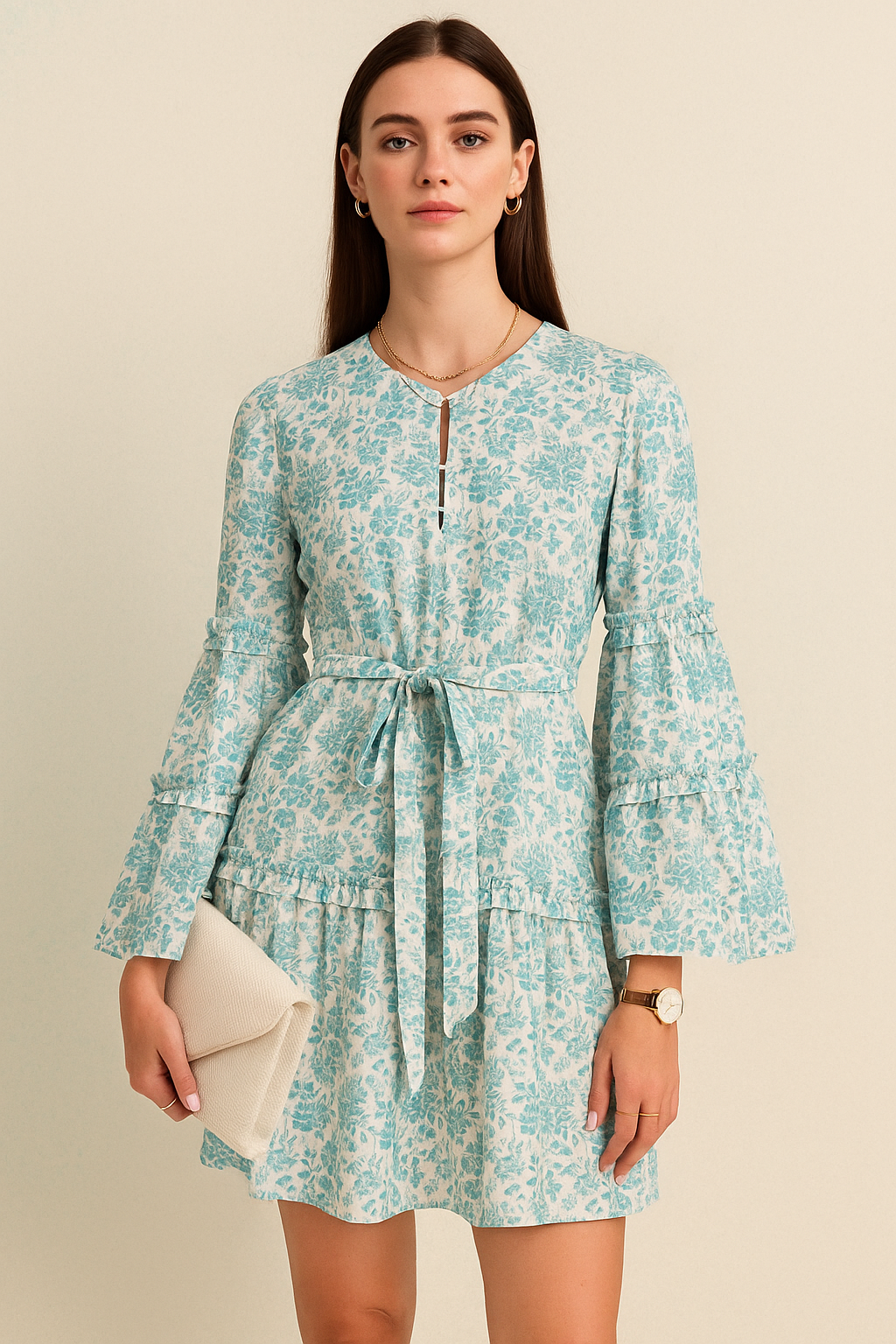 Bohemian Bell Sleeve Mini Dress with Tie-Waist