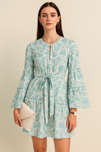 Bohemian Bell Sleeve Mini Dress with Tie-Waist