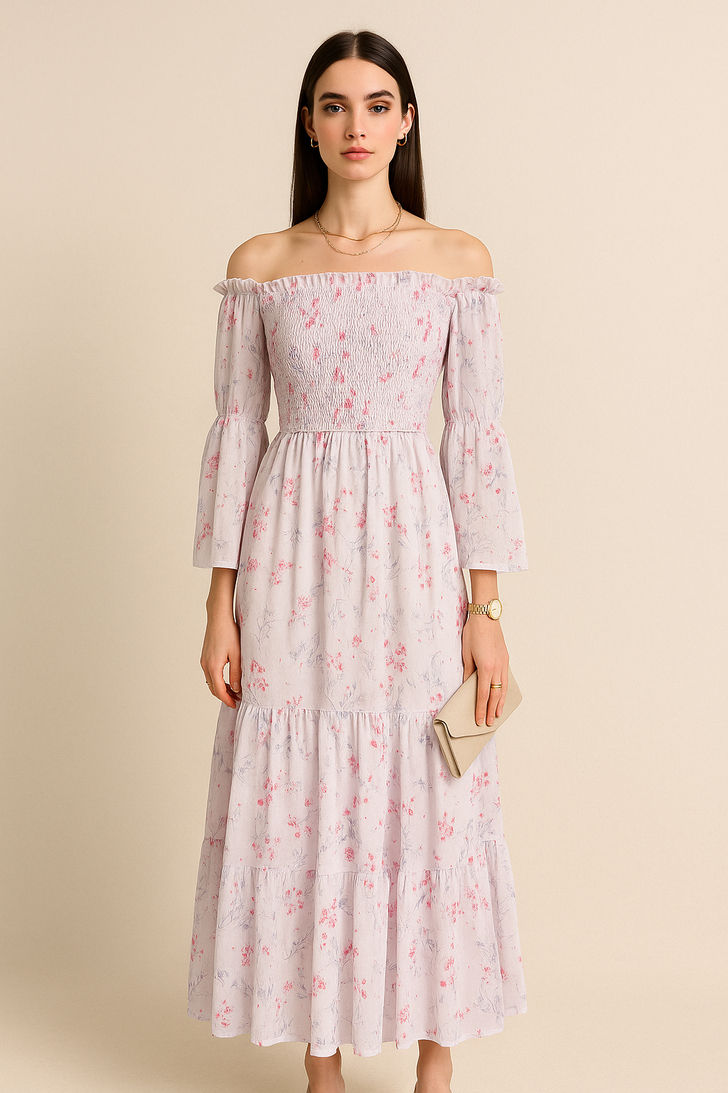Floral Print Tiered Midi Dress