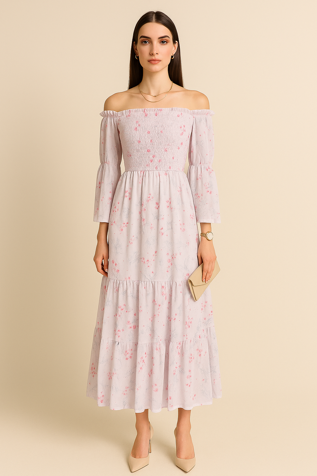 Floral Print Tiered Midi Dress