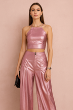 Pink Metallic Crop Top Paired With Pink Metallic Trouser