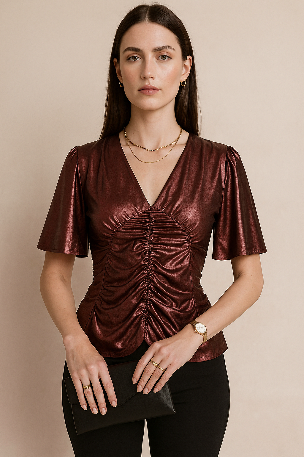 Ruched V-Neck Short Sleeve Metallic Top