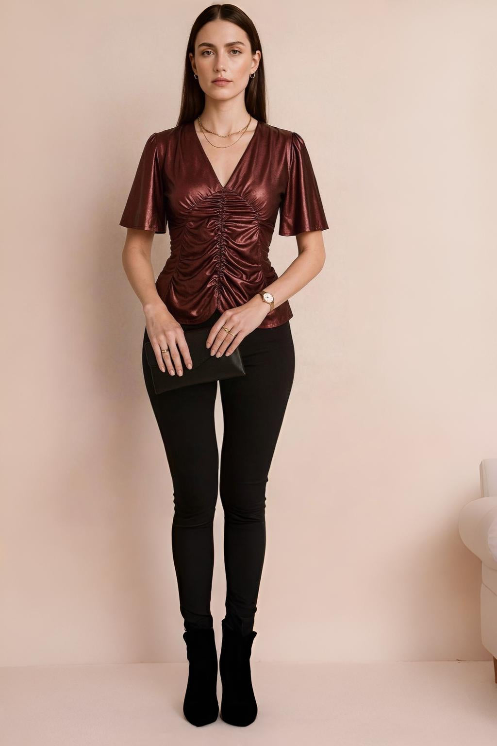Ruched V-Neck Short Sleeve Metallic Top