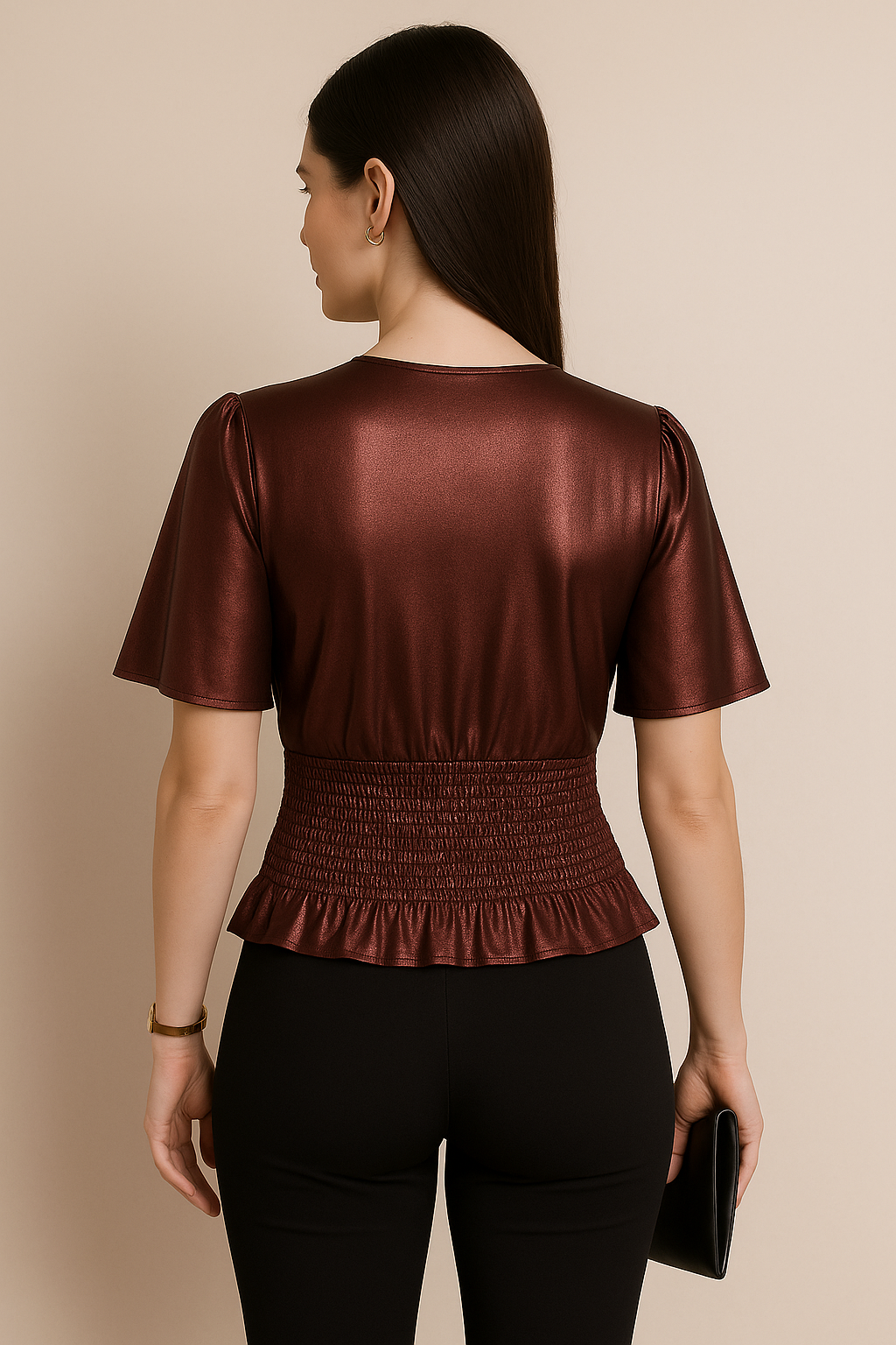 Ruched V-Neck Short Sleeve Metallic Top