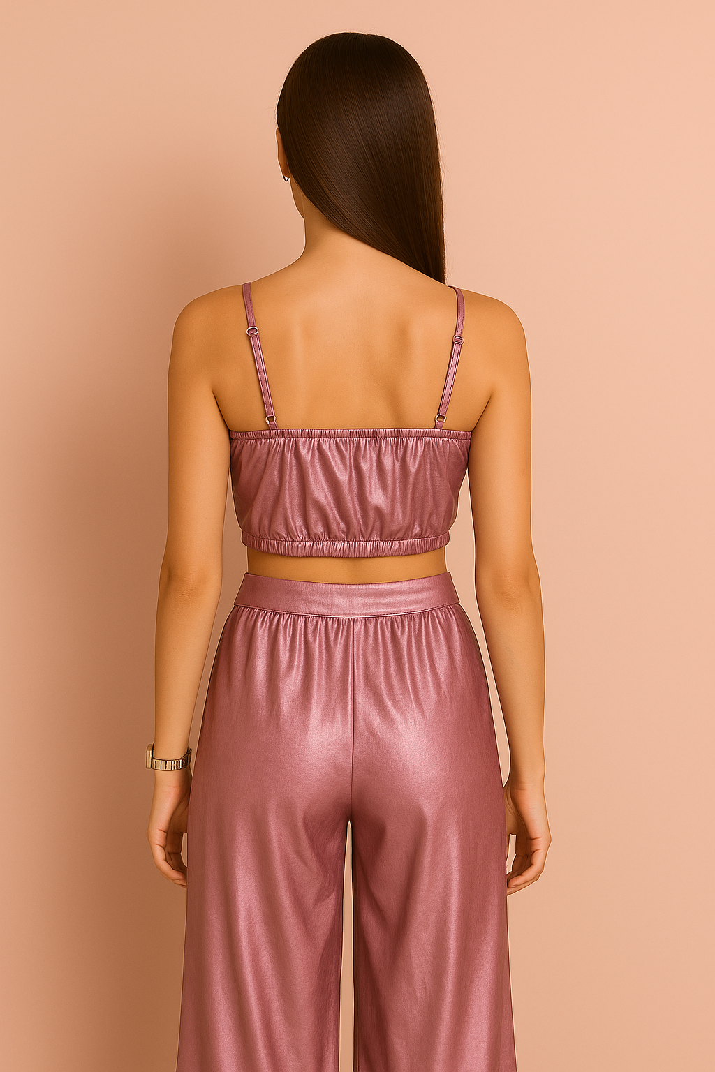 Pink Metallic Crop Top Paired With Pink Metallic Trouser