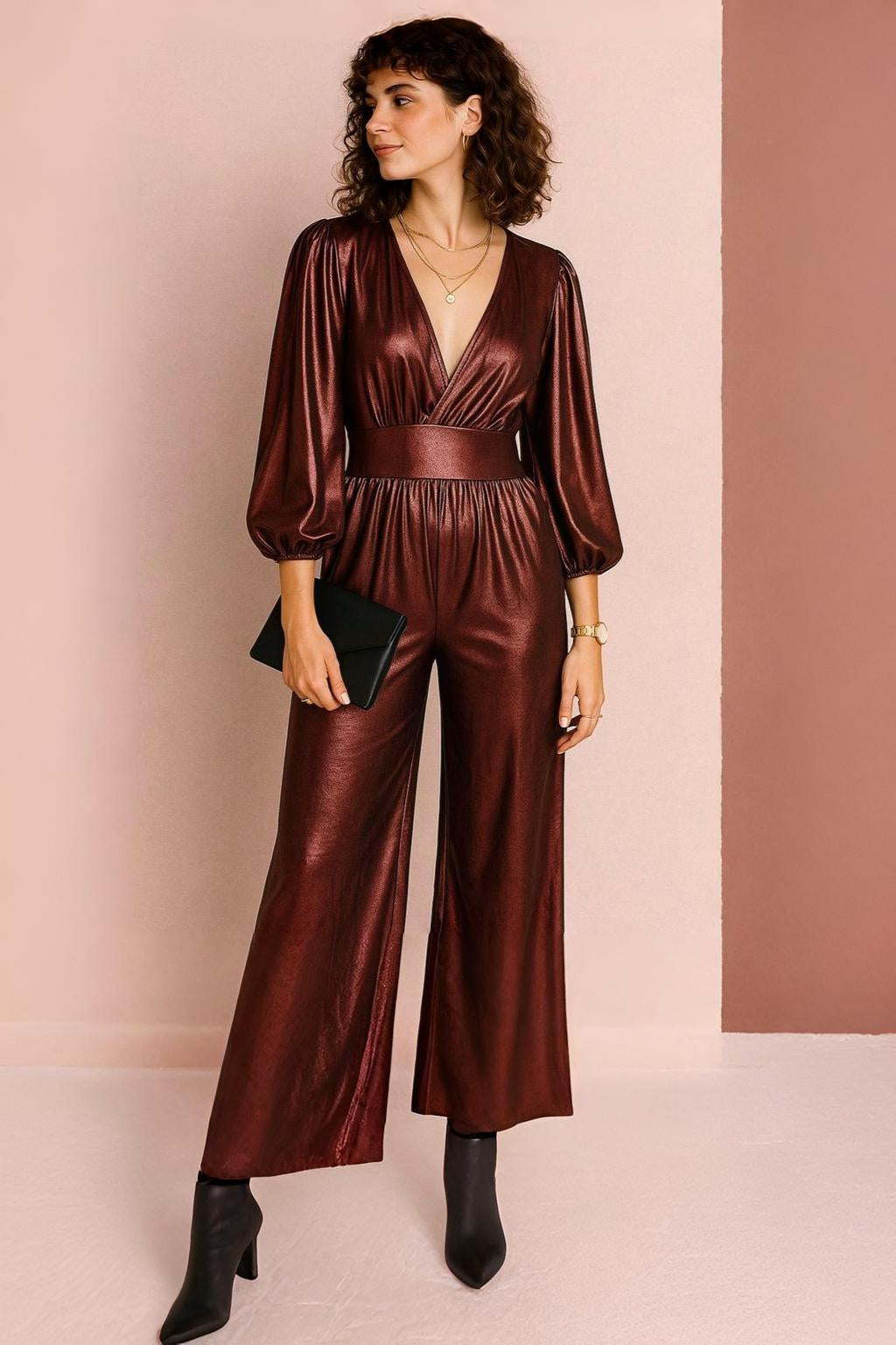 Metallic Wrap V-Neck Puff Sleeve Peplum Jumpsuit