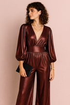 Metallic Wrap V-Neck Puff Sleeve Peplum Jumpsuit