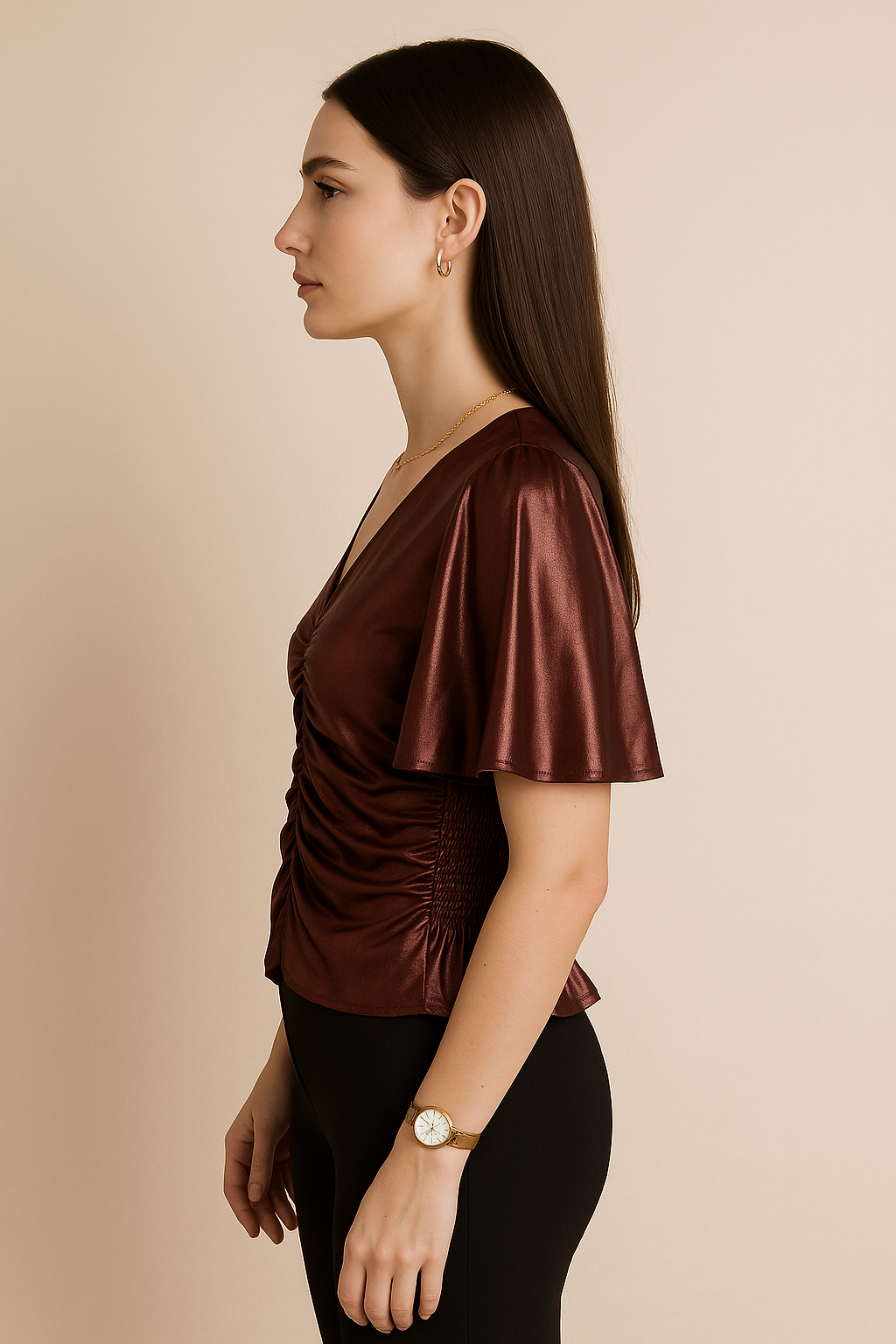 Ruched V-Neck Short Sleeve Metallic Top