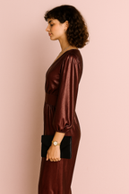 Metallic Wrap V-Neck Puff Sleeve Peplum Jumpsuit