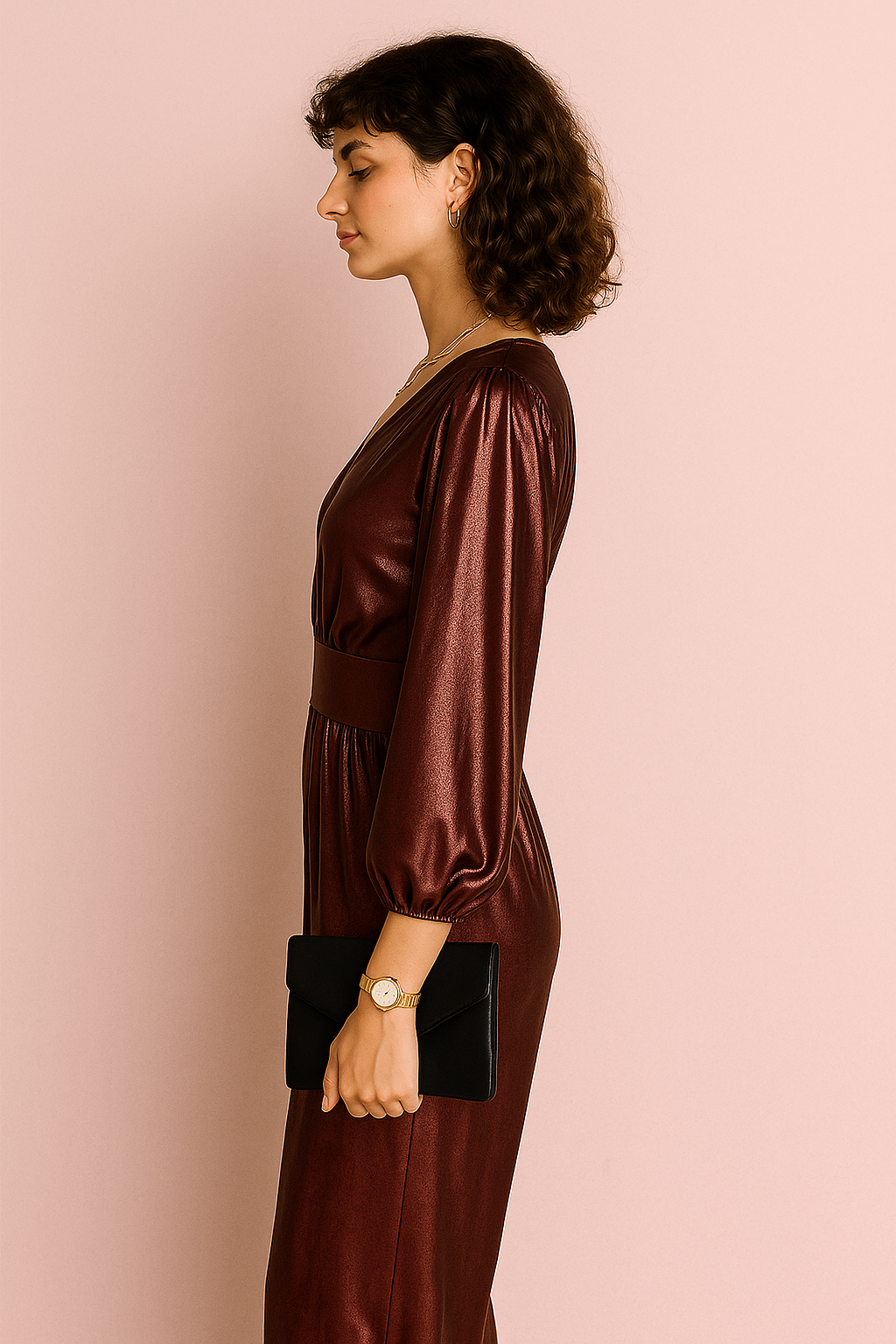 Metallic Wrap V-Neck Puff Sleeve Peplum Jumpsuit