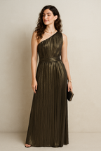 One-Shoulder Pleated Metallic Maxi Dress