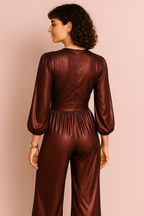 Metallic Wrap V-Neck Puff Sleeve Peplum Jumpsuit