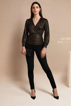 Metallic Long Sleeve Wrap Pleated Top