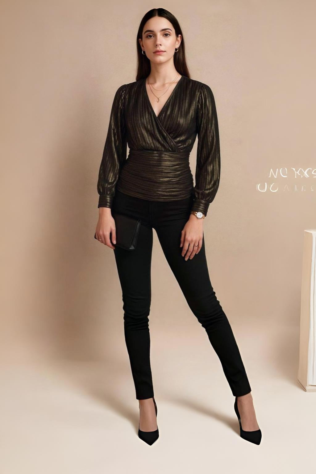 Metallic Long Sleeve Wrap Pleated Top