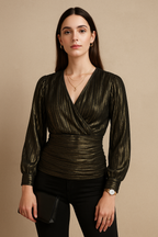 Metallic Long Sleeve Wrap Pleated Top