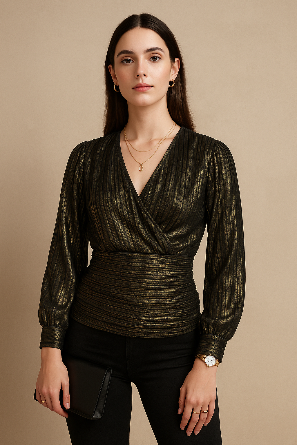 Metallic Long Sleeve Wrap Pleated Top