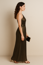One-Shoulder Pleated Metallic Maxi Dress