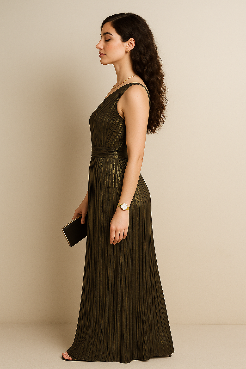 One-Shoulder Pleated Metallic Maxi Dress