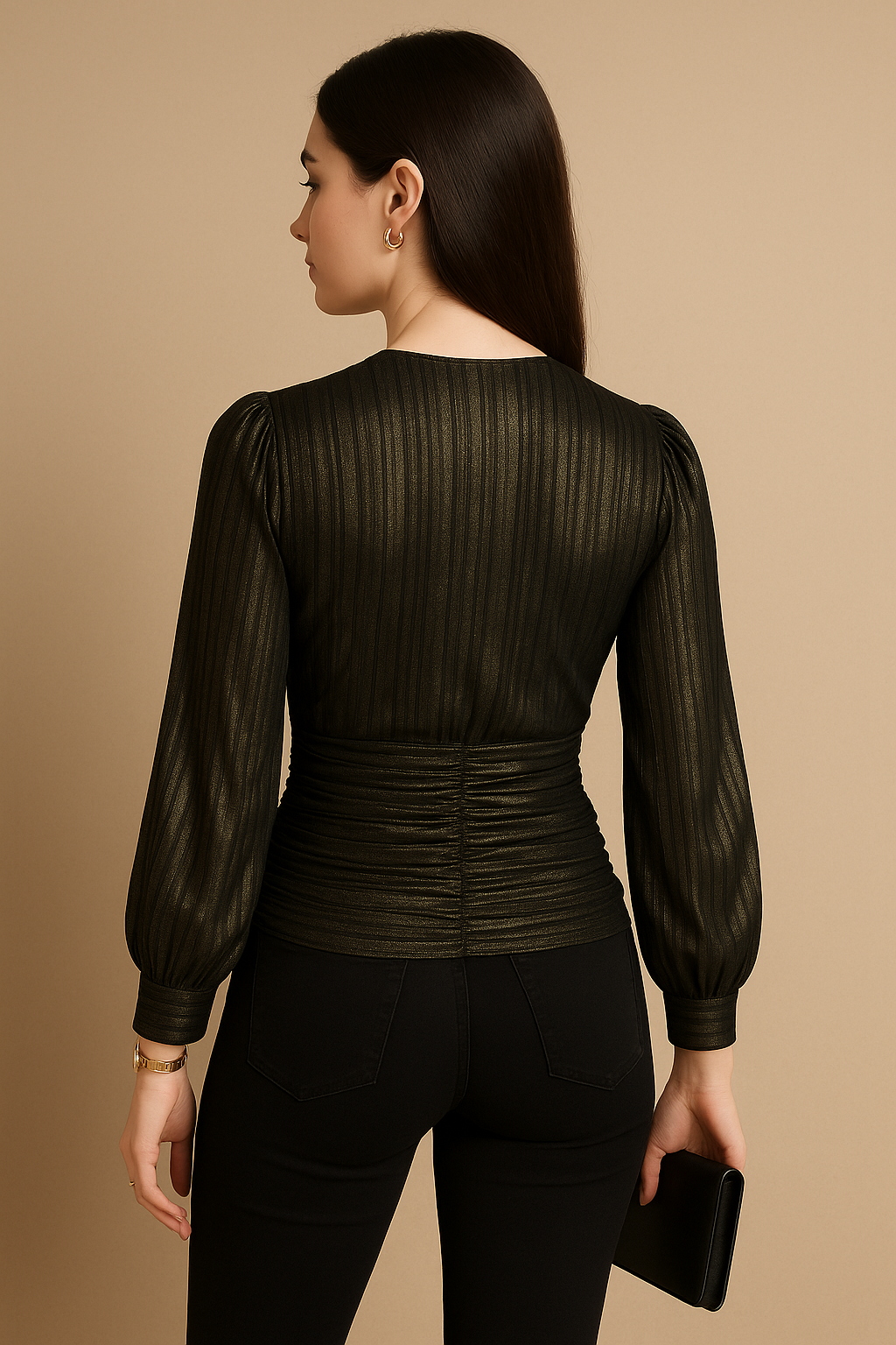 Metallic Long Sleeve Wrap Pleated Top